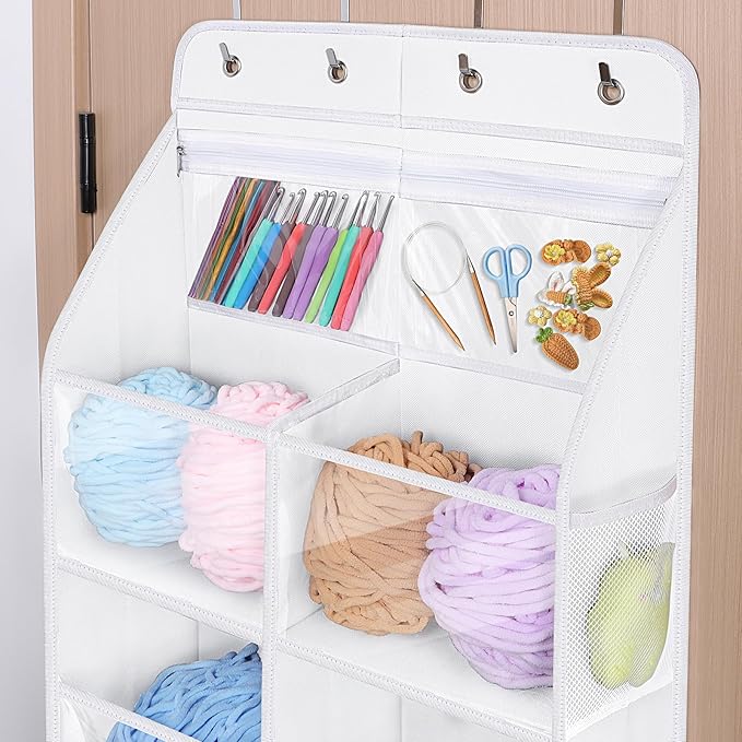 Univivi 6 Tiers Hanging Yarn Storage Organizer, Large Knitting Organizer with 12 Deep Clear Pockets & 10 Mesh Side Pockets, Over The Door Yarn Holder for Crochet Hooks, Knitting Needles, White