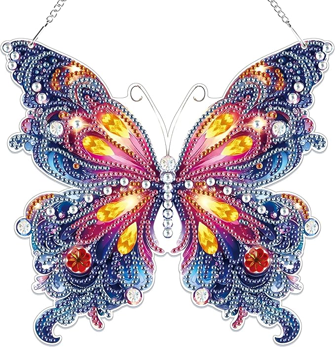 Bowetile Butterfly Diamond Art Hanging Kits for Adults, 5D Special Shape Diamond Painting Pendant Kits, Animal Gem Art Suncatchers Painting Ornament for Home Garden Wall Decor