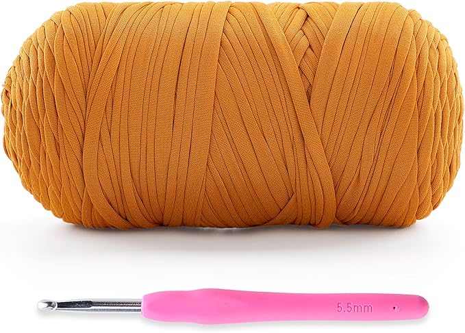 Soft T-Shirt Yarn for Crochet, T Shirt Yarns for Crocheting Crafts, Bags, Basket, Coaster, Tshirt Yarns - 400 g/130 yds with 1 Crochet Hook (1, Ginger Color)