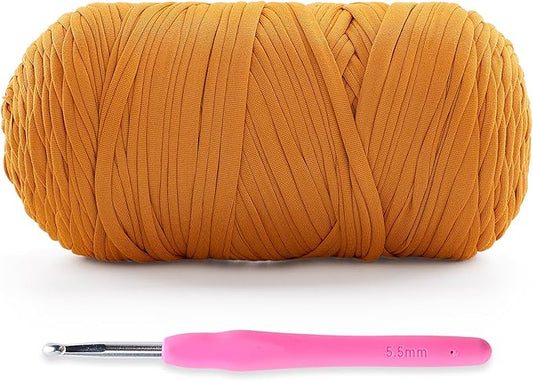 Soft T-Shirt Yarn for Crochet, T Shirt Yarns for Crocheting Crafts, Bags, Basket, Coaster, Tshirt Yarns - 400 g/130 yds with 1 Crochet Hook (1, Ginger Color)