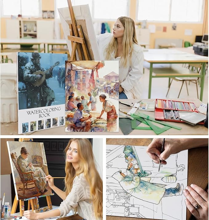 RGBMIX 9x12'' Watercolor Paper Pad Sketchbook 12 Sheets Cotton 140lb/300gsm Pre-Printed Line Art of Couple, Street Musician, Fisherman, Food Cooking Daily Life for Watercolor Acrylic Stress-Relief
