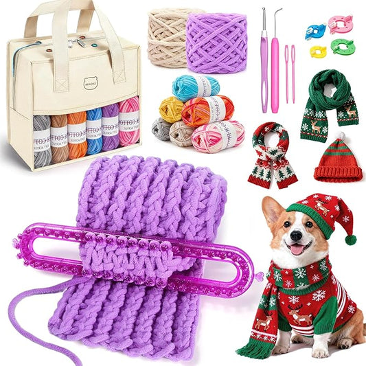 MIAOKE Weaving Loom Kit for Scarf with Pompom Maker, Long Knitting Loom Includes Storage Bag, Binding Needles, Yarn and Crochet Hooks, for Making Hats,Gloves and Blanket,DIY Craft Kit for Beginners