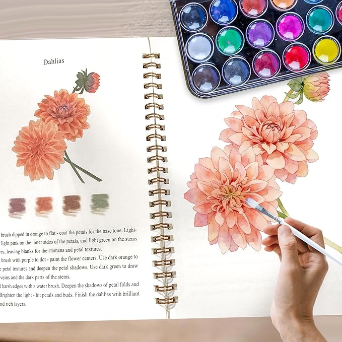 Watercolor Workbook Spring Flowers Coloring Book with 18 Colors Water Color Tutorial Instruction Painting Book Travel Kit Paint Set for Adults Beginners Artists