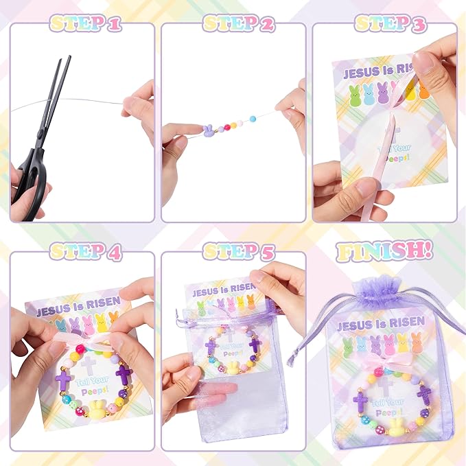BeYumi Easter Bracelet Craft Kit - 24Pcs Pack Easter Christian Bunny Cross Beads Bracelets with Jesus Is Risen Gift Cards DIY Religious Faith Peeps Craft Kit Party School Classroom Fun Activities Kids