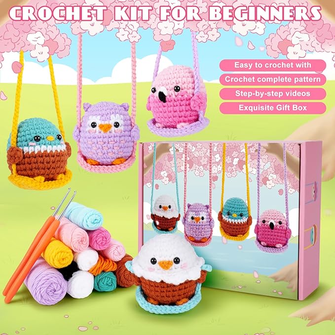 Crochet Kit for Beginners -4 PCS Bird Crochet Kits with Step-by-Step Video Tutorials, Beginner Crochet Kit for Adults, Crochet Birds On The Swings(Mallard Bald Eagle Flamingo Owl)