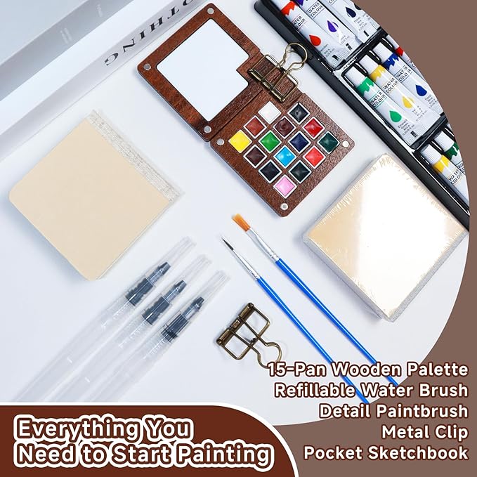 Mini Watercolor Travel Set – Magnetic Wooden Paint Palette with Anti-Beading Mixing Area – Portable Pocket Watercolor Paint Set for Urban Sketching & Travel