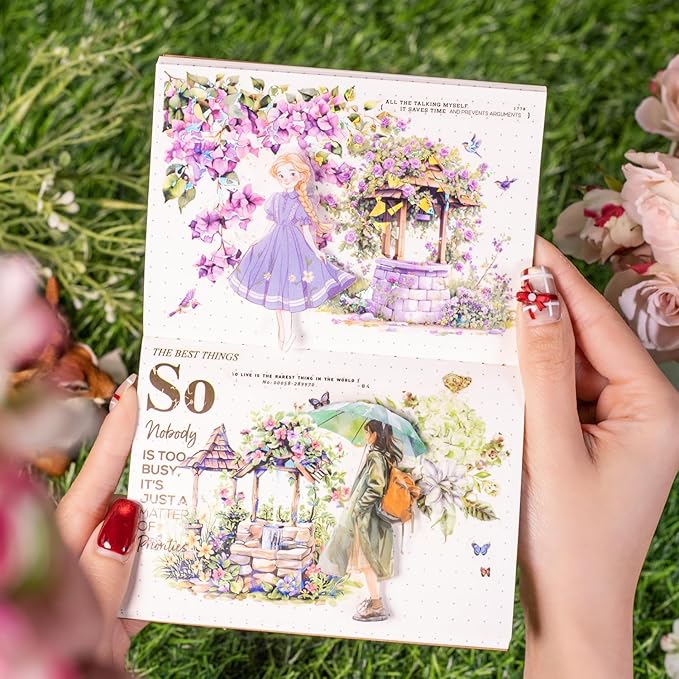 60Pcs The Well of Wishes Series PET Scrapbook Stickers, Flowers Bloom Story Stickers Kit for Scrapbooking, Junk Journal Ephemera, DIY Crafts Waterproof Journaling Supplies