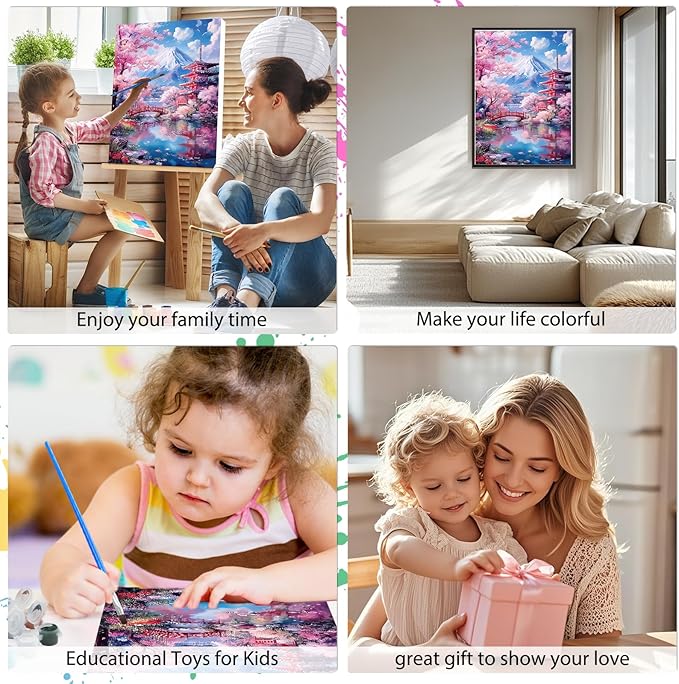 EOBROMD Framed Paint by Numbers Kits for Adults - Wooden Easel, Japanese scenery DIY Painting Kits for Adults Beginner, Painting on Stretched Canvas Oil Paint by Numbers for Home Decor Gift 10x14 Inch