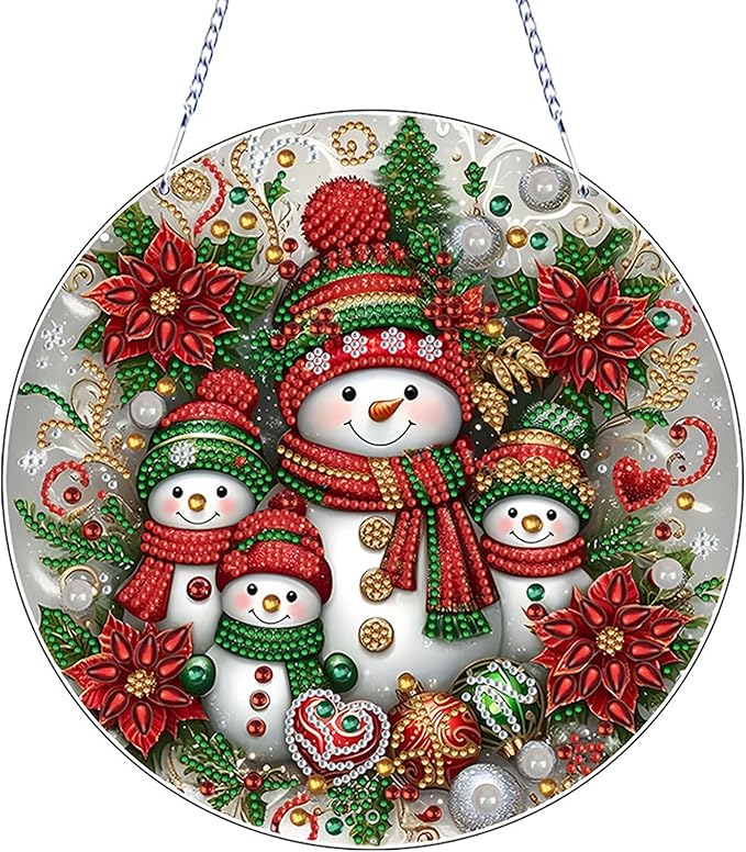 Diamond Art Hanging Kits for Adult, Christmas Diamond Art Crafts Decor, 5D DIY Acrylic Diamond Art Painting Ornaments, Window Pendants Wall Hanging Kits for Home Garden (Snowman)