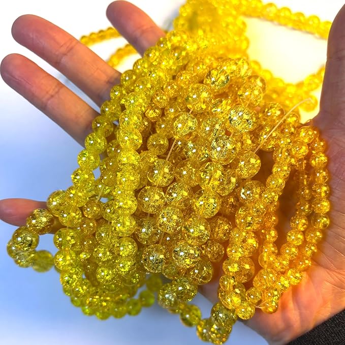 Glass Beads for Jewelry Making, 315Pcs Crackle Round 6/8/10mm Crystal Beads for Bracelet Craft Necklace Earring Making Wine Charms Wind Chimes, Golden Yellow Color