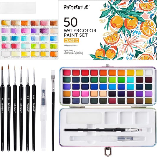 Watercolor Paint Set, 50 Colors with Brushes & Metal Case, Non-Toxic Art Supplies for Beginners & Students, Portable Travel Watercolor Kit, Ideal for Gifting