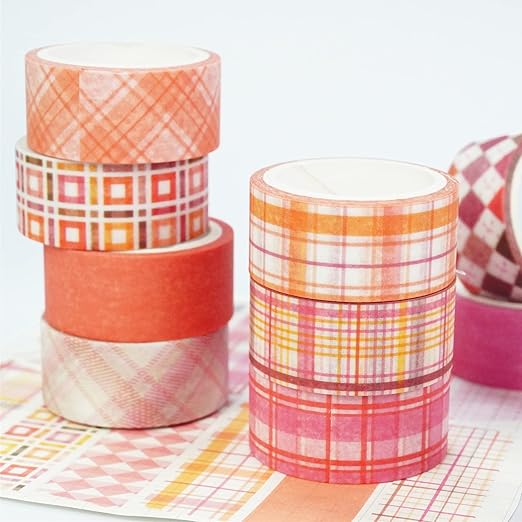 YUBX Basic Grid Washi Tape Set 12 Rolls Plaid Decorative Masking Tapes for Arts, DIY Crafts, Journals, Planners, Scrapbook, Wrapping (Pink)