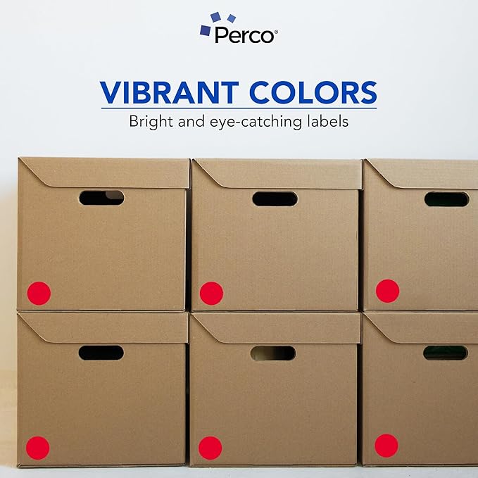 perco red 2-inch perforated circle dot sticker labels — 250 round stickers per roll — with permanent adhesive for organizing, color coding, bin labeling, packaging alerts — made in usa
