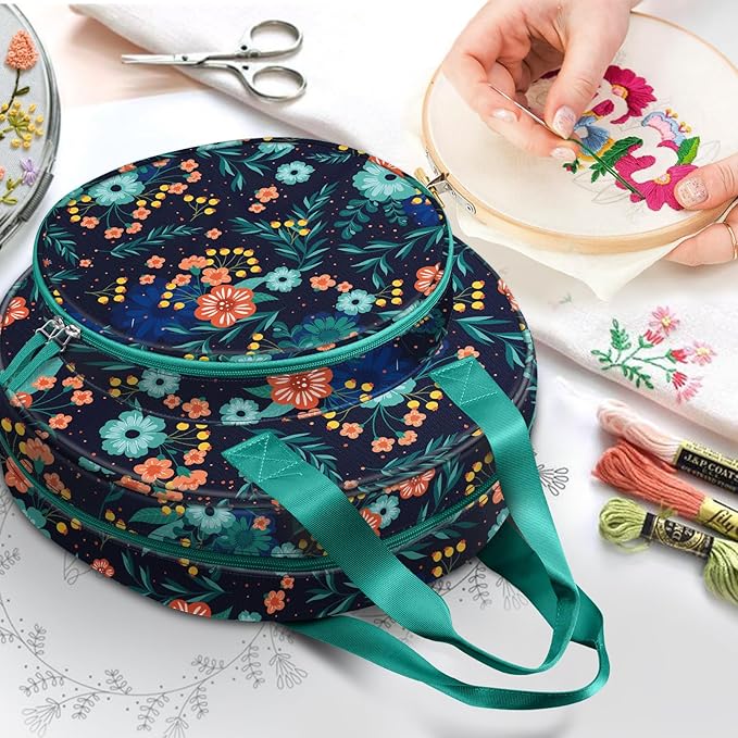 FINPAC Embroidery Project Bag, Embroidery Supplies Storage Carrying Tote Case with Multiple Pockets for Floss, Hoops, Thread, Stitch Tools Kit [Bag Only], Navy Bloom