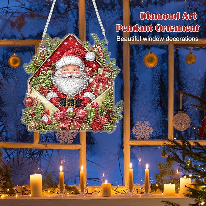 RICUVED Hanging Diamond Art Kit for Adults, Christmas Special Shaped Crystal Gem Craft Diamond Painting Pendant Kit for Beginners, Santa Claus DIY Hanging Acrylic Art Ornament for Home Garden Decor