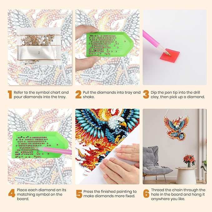 MXJSUA Eagle Motorcycle Diamond Painting Art Window Suncatchers, Diamond Art Kits for Adults Hanging Ornaments with Chain, 5D Special Shape Crystal Diamond Pendant Accessories for Decor Gift