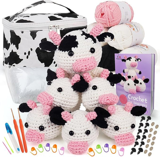 aeelike beginner crochet kit for adults, crochet starter kit with step-by-step instructions and easy see stitches yarn, cute cow family