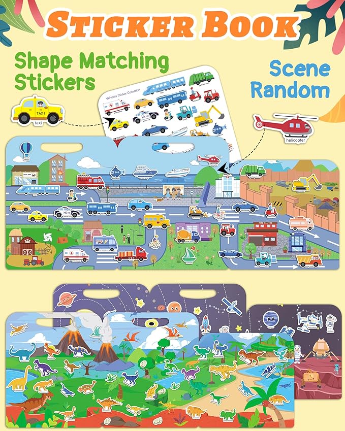 benresive reusable sticker books for toddlers, 3 sets travel stickers for kids, toddler sticker book, crafts activities for toddlers, 3 and up birthday gifts travel toys
