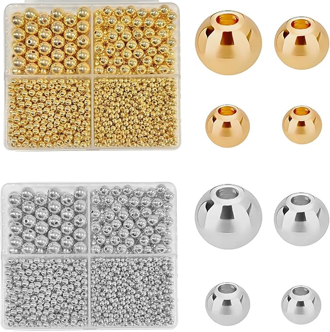 3360pcs Gold & Silver Round Spacer Beads 3/4/6/8mm 4 Size Smooth Ball Beads for Jewelry Making Metal Circle Bead for Bracelet Necklace Earring Making Supply