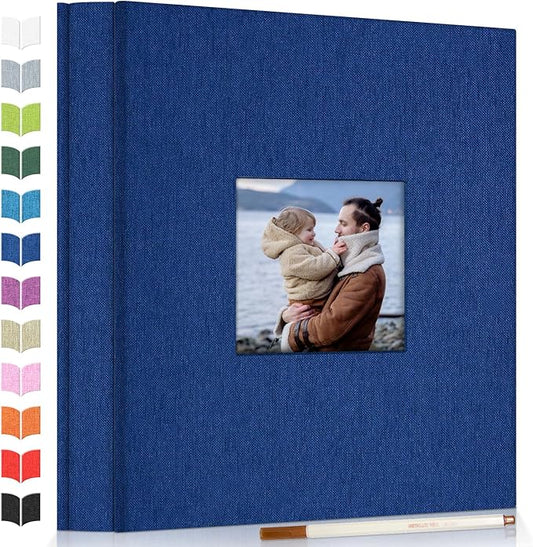 Photo Album Self Adhesive Scrapbook Album for 3x5 4x6 5x7 8x10 Pictures, 60 Pages Linen Cover with Display Window DIY Photo Book,Ideal Gifts for Family Travel Wedding Baby