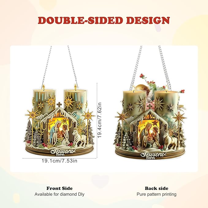 HEIBAGO Nativity Scene Diamond Art Hanging Kits for Adults Kids, 5D Special Shaped Crystal Diamond Painting Kit, DIY Pattern Window Pendant Gem Art Kit for Home Wall Decor 8.3 x 8.3 Inch