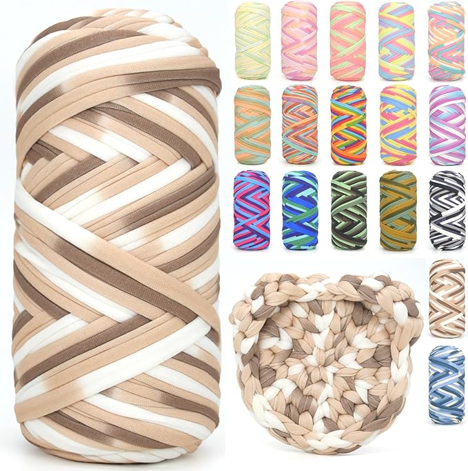 Tshirt Yarn for Crocheting,Rainbow T Shirt Chunky Elastic Fabric Thick T-Shirt Crochet Yarn for Beginners Crocheting Hand Knitting Bag/Basket/Coasters/DIY Crafts/Home Decor 200G-Coffee White Brown