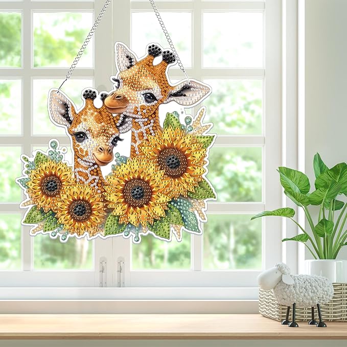 Bowetile Giraffe Hanging Diamond Art Painting Kits for Adults, 5D Sunflower Special Shape Diamond Art Kits, Crystal Rhinestones Diamond Gem Art Painting for Home Wall Decor, New Home Gifts