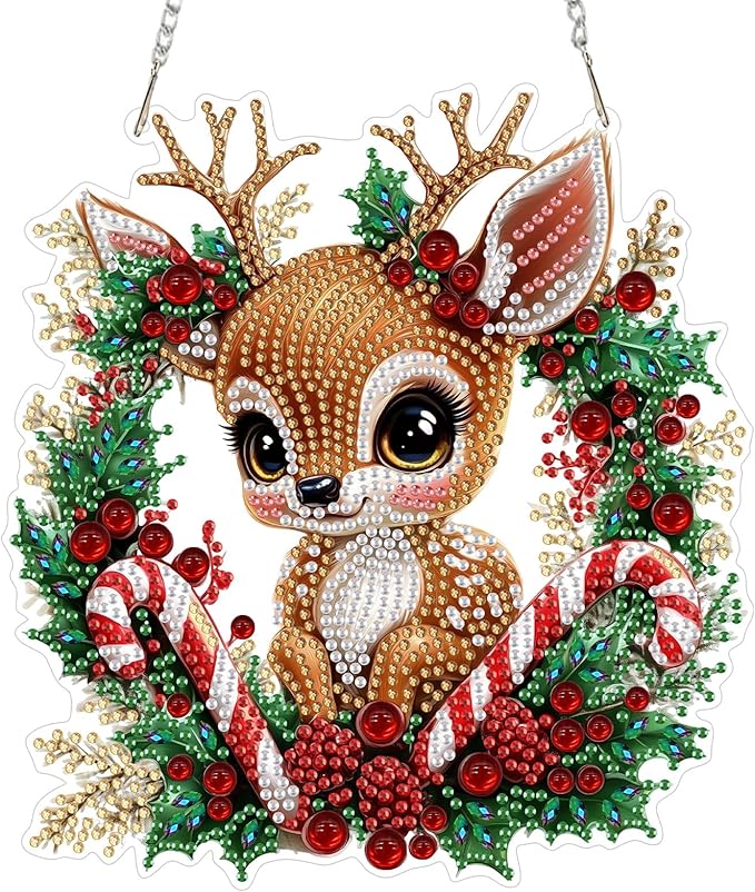 MEIYUDA Christmas Deer Diamond Art Hanging Kits for Adult, Elk Wreath Diamond Painting Hanging Kits Ornaments, DIY Special Shaped Rhinestone Window Pendants kit for Home Garden Wall Decor