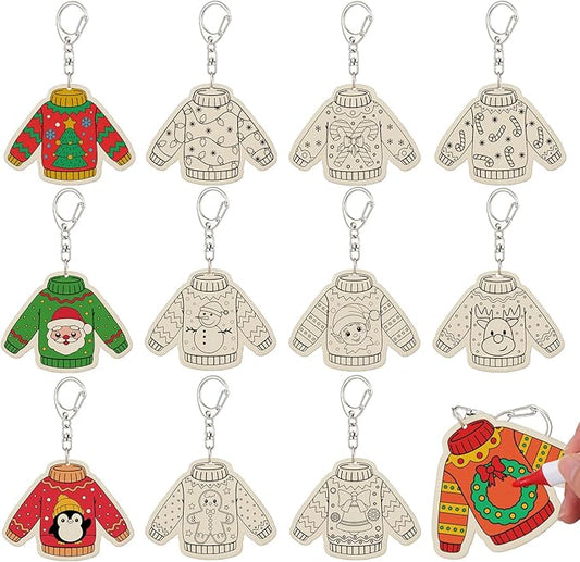 Trnayi 36 Pcs Christmas Ugly Sweater Crafts Unfinished Wooden Keychains Color Your Own Ugly Sweater Ornament DIY Blank Wood Painting Keychains for Adults Key Ring Art Pendant Xmas Tree Decor