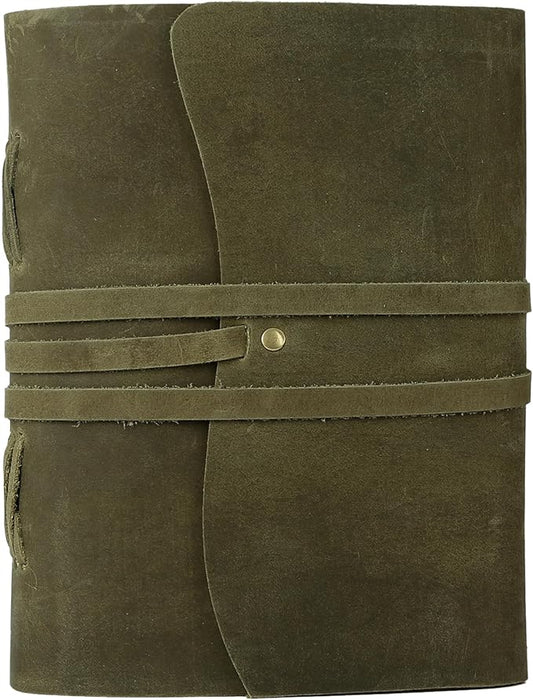KomalC Handmade Leather Journal 8x6 Inch | Green Vintage Notebook with Unlined Paper | Cotton Recycled Paper | Antique Travel Diary, Sketchbook, Writing Journal for Men & Women