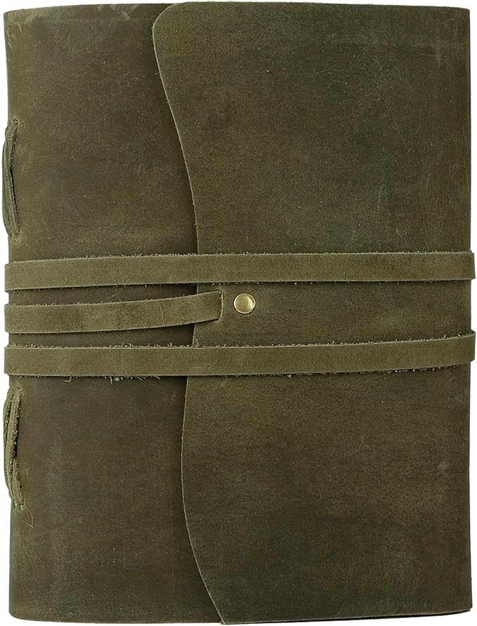 KomalC Handmade Leather Journal 7x5 Inch | Green Vintage Notebook with Unlined Pages | Cotton Recycled Paper | Antique Travel Diary, Sketchbook, Writing Journal for Men & Women