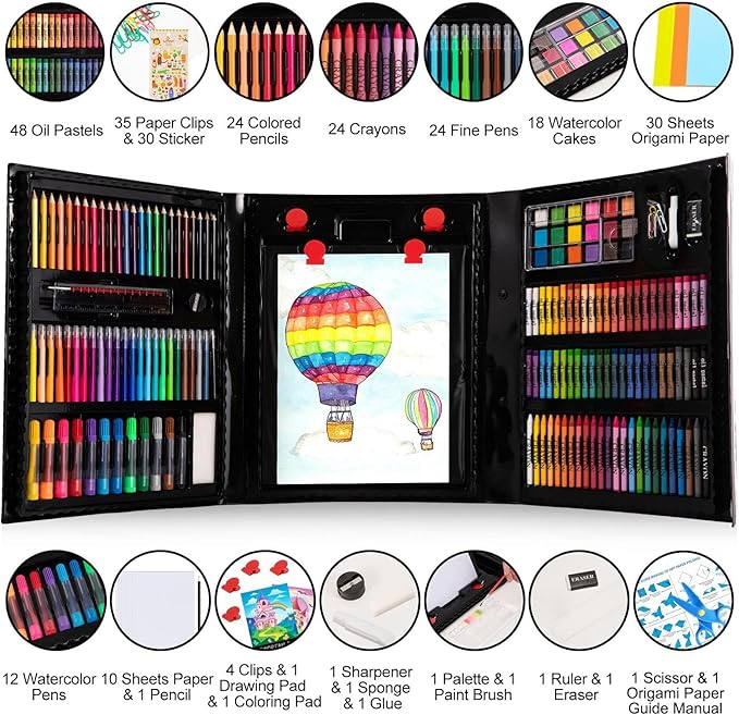 Art Supplies, 272 Pack Art Set Drawing Kit for Girls Boys Teens Artist, Deluxe Gift Art Box with Trifold Easel, Origami Paper, Coloring Book, Drawing Pad, Pastels, Crayons, Pencils, Watercolors(Black)