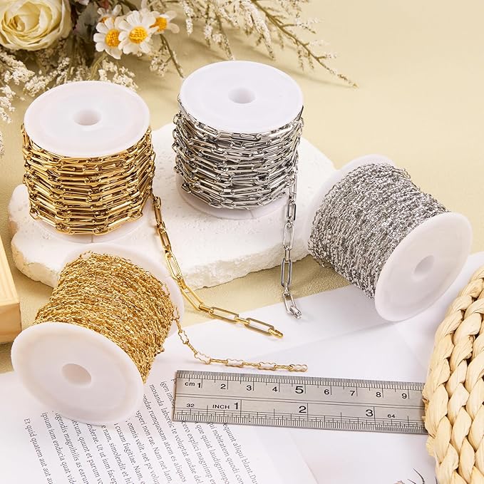 SMYHTGLIF 4 Meters Paperclip Chain Bulk for Jewelry Making Gold Stainless Steel Chain Roll Handmade Jewelry Making Supplies