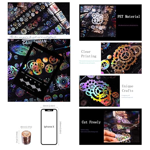 6 Rolls PET Tape Stickers for Journaling Supplies, Colorful Gears Circuit Themed Journal Tape Stickers for Journaling, Scrapbooking, Junk Journal Supplies, DIY Crafts (Fantasy)