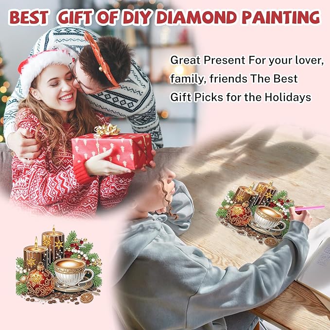 Bowetile Christmas Diamond Art Hanging Kits for Adults, Candle Diamond Art Suncatchers, 5D Special Shape Diamond Painting Coffee Pendant Window Ornament Christmas Gifts for Home Door Wall Decor