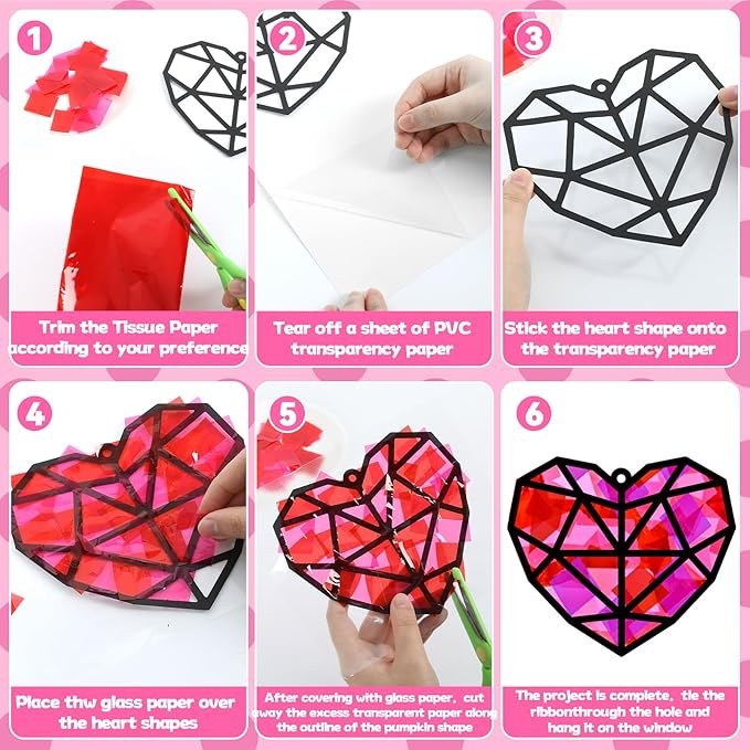 32 Sets Valentines Suncatchers Craft Kit DIY Heart Window Stained Glass Effect Paper Pink Love Home School Classroom Decoration Valentines Art Craft Creative Activity Project Kid Gift Favor