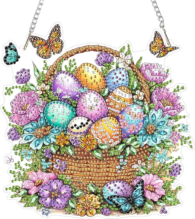MAXBYE Easter Hanging Diamond Art Kits for Adults Colorful Eggs with Butterflies, Special Crystal Double Sided Pendant DIY Diamond Art Painting Kits for Beginners Gift Wall Home Decoration 8×12Inch