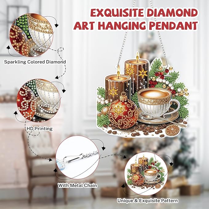 Bowetile Christmas Diamond Art Hanging Kits for Adults, Candle Diamond Art Suncatchers, 5D Special Shape Diamond Painting Coffee Pendant Window Ornament Christmas Gifts for Home Door Wall Decor