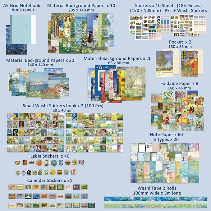Scrapbooking Supplies Kit Plus 480Pcs, Vintage Van Gogh Oil Painting Aesthetic Scrapbook Kit for Bullet Junk Journal, DIY Journaling Supplies, Stationery, A5 Grid Notebook, Craft Gift Kid Girl
