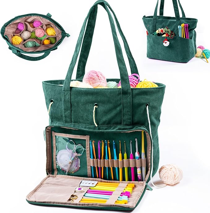 Large Yarn Tote Organizer – Corduroy Knitting Storage Holder for Yarn, Hooks & Accessories, Portable Craft Carryall for Crocheting Lovers, Mother’s Day Gift