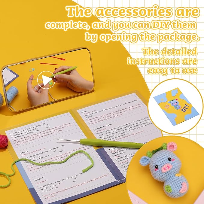 SAMLMAP Crochet Kit for Beginner Learn to Animal Amigurumi Crochet Kit Adult Kit with Step-by-Step Instructions and Video Tutorials Cow Mushroom Potted Plant Coasters