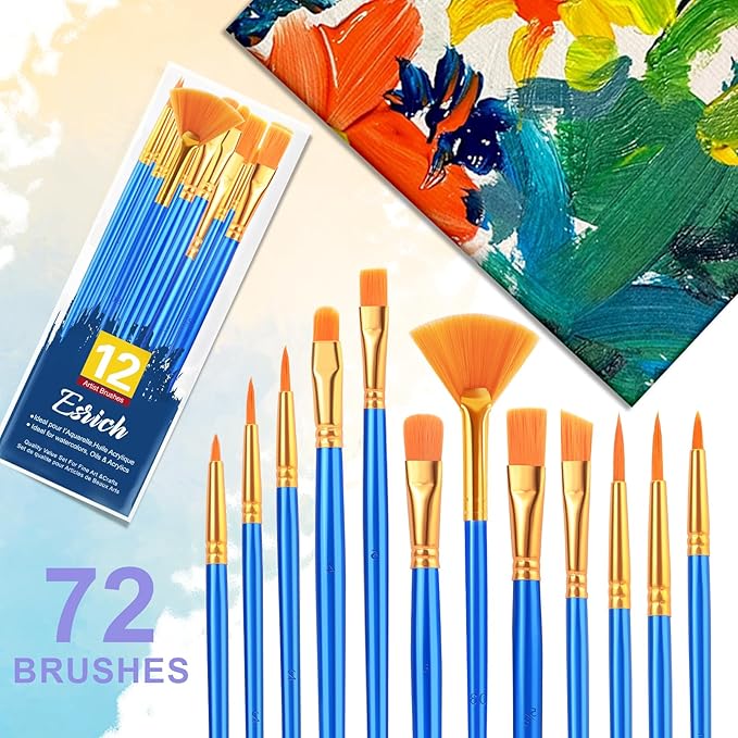 ESRICH Paint Brushes Set,6pack 72pcs Nylon Hair Round-Pointed Tip Acrylic Paint Brushes for Watercolor Oil Rock Face Painting,12 Sizes Paint Brush for All Purposes Kids Adult Arts Painting Brush Kits