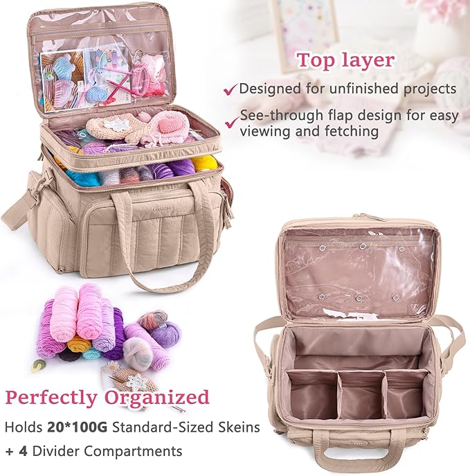 MYBAGZING Large Knitting & Crochet Bag Organizer for Yarn Storage, Double-Layer Knitting Project Bag with 6 Grommets, Yarn Organizer Tote for Knitting Supplies Crochet Hooks & Accessories Gift for Mom
