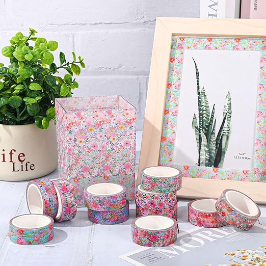 12 Rolls Floral Washi Tapes Watercolor Flower Decorative Masking Tape Set Colorful Spring Wrapping Paper Tape for Scrapbook Journal DIY Art Crafts