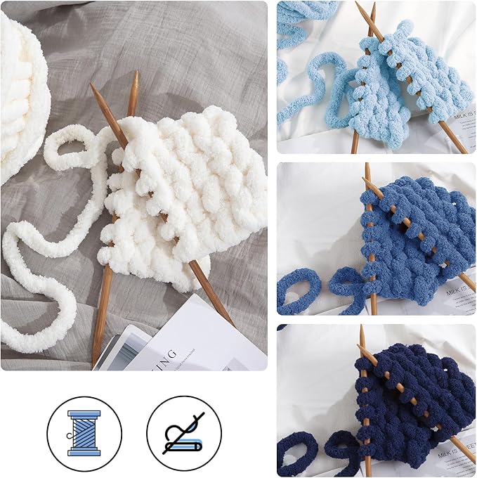 MABOZOO Assorted Chunky Yarn for Crocheting 8 Pack,Fluffy Jumbo Chenille Yarn,Soft Plush Yarn Bulky,Giant Thick Fuzzy Yarn for Hand or Arm Knitting,Cream & Multi Blue(31.7 yds,8 oz Each Skein)