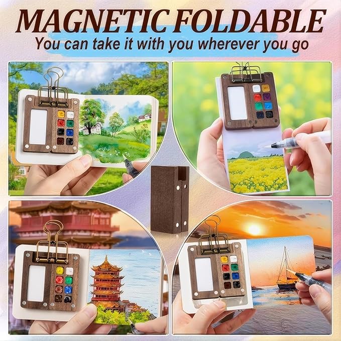 Mini Watercolor Paint Set,12 color Paints, 8 Grids Portable Wooden Travel Palette, Sketchbook & Copper Clip, Metal Clip –For Beginners, Artists & Painting Enthusiasts