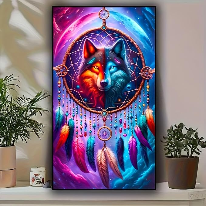 KUFWKEY Dreamcatcher Wolf 5D DIY Diamond Painting Kit for Adults,Full Round Drill Diamond Mosiac Embroidery Art,Animal Diamond Art Kits for Home Decor,Large Size 15.7x27.5 inch