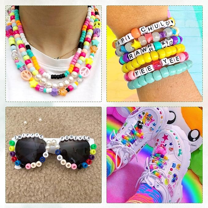 QUEFE 4700pcs, 72 Colors Pony Beads Rainbow Kandi for Bracelets Making Kit, 3600pcs 9mm Plastic and 1000pcs Letter Beads, Alphabet for Jewelry Making With Elastic Threads