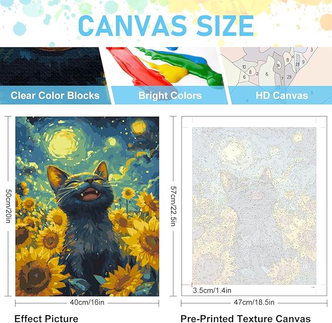 Offito Paint by Numbers Kit for Adults - Sunflowers Black Cat Acrylic Adult Paint by Number Kits on Canvas for Beginner, Starry Night DIY Oil Painting by Numbers for Adults Kit for Decor Gift 16"x20"