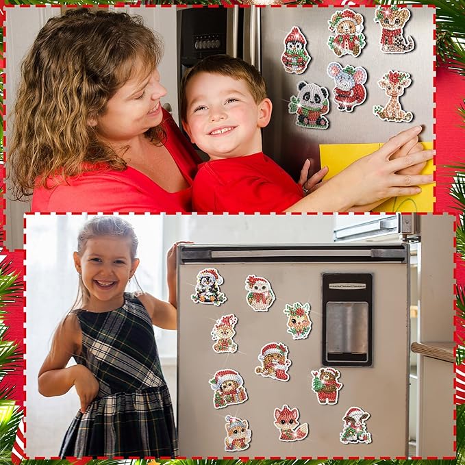 Xuhal 30 Pcs Christmas Diamond Painting Magnets Christmas Animal Diamond Art Magnet Kits for Adults Cute 5D Rhinestone Xmas Santa Hats Animal Refrigerator Magnetic Sticker for DIY Craft Fridge Gifts